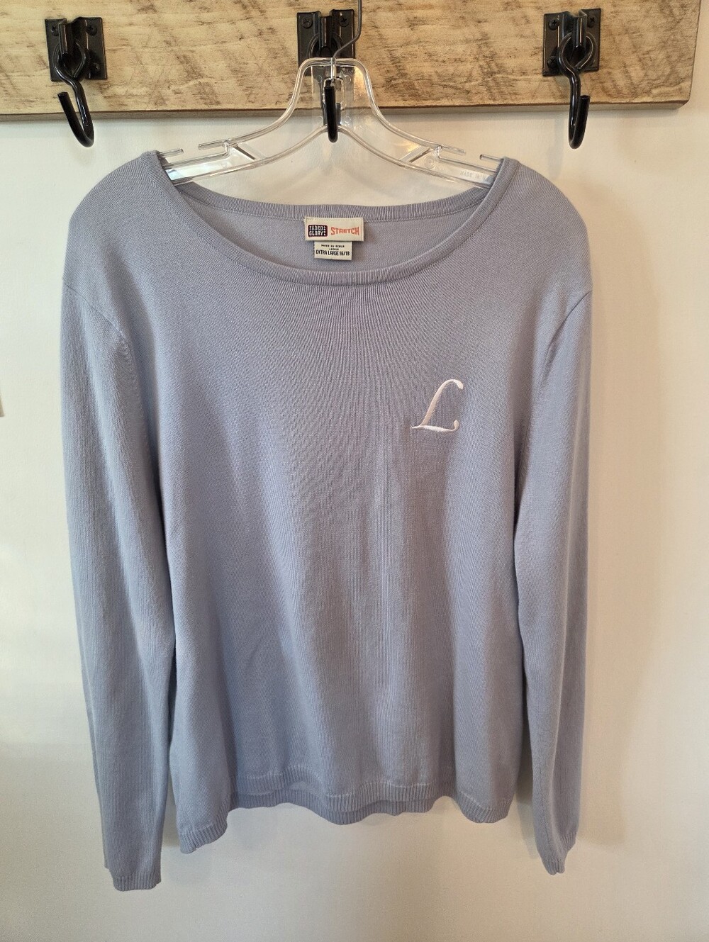 Women’s Long Sleeve Pullover Sweater Stretch Light Blue Monogram Initial "L"  XL